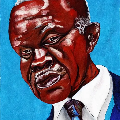 Image similar to a painting of a loving, caring fatherly wide forehead, round face, XXL , generous, ever-present, humble, wise elder from Kenya in a suit by Wangechi Mutu . Fatherly/daddy, focused, loving, leader, relaxed. Blue background, heavenly lights, details, smooth, sharp focus, illustration, realistic, cinematic, artstation, award winning, rgb , unreal engine, octane render, cinematic light, macro, depth of field, blur, red light and clouds from the back, highly detailed epic cinematic concept art CG render made in Maya, Blender and Photoshop, octane render, excellent composition, dynamic dramatic cinematic lighting, aesthetic, very inspirational, arthouse.