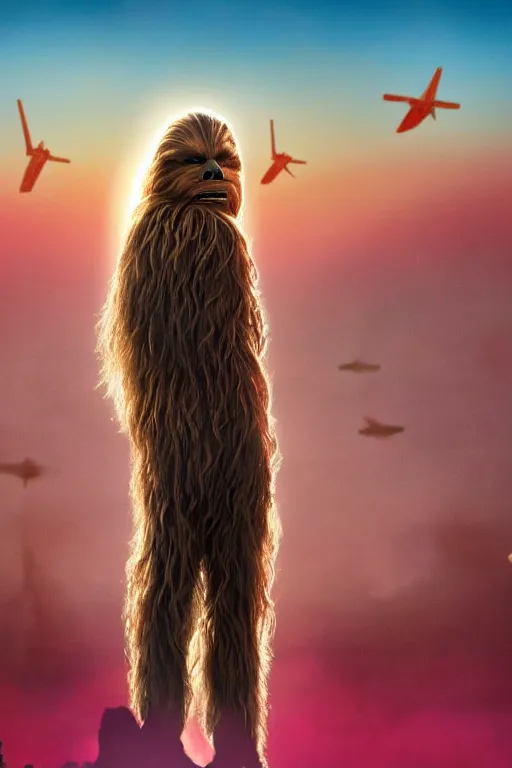 Prompt: Chewbacca standing in a hilly desert surrounded by pink flamingos, sunset, beams of light, jet planes overhead, nature documentary, imax, digital art, still from star wars, highly detailed, directed by ridley scott