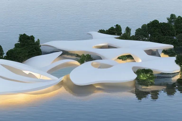Prompt: a white foam shaped building on the calm lake, human perspective, future, interior wood, marble, award winning, highly detailed 4 k art, dusk, unreal engine highly rendered, global illumination, radial light, internal environment by kazuyo sejima and national aquatics center