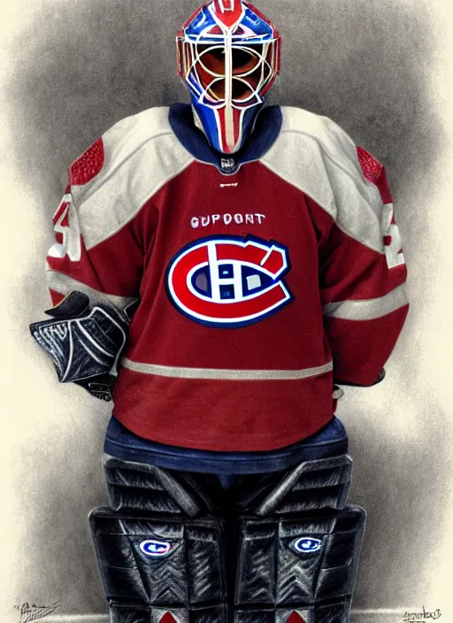 Prompt: portrait of supreme goaltender patrick roy, habs royalty, extravagant, lord, full body equipment, military goalie uniform, 4 stanley cups, fantasy, intricate, elegant, beautiful, highly detailed, charcoal, centered, dark, smokey, digital painting, artstation, concept art, art by artgerm and greg rutkowski and alphonse mucha