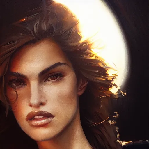 Image similar to a closeup portrait of a young cindy crawford, dramatic light, city background, sunset, high contrast, sharp, painted by stanley lau, painted by greg rutkowski, painted by stanley artgerm, digital art, trending on artstation