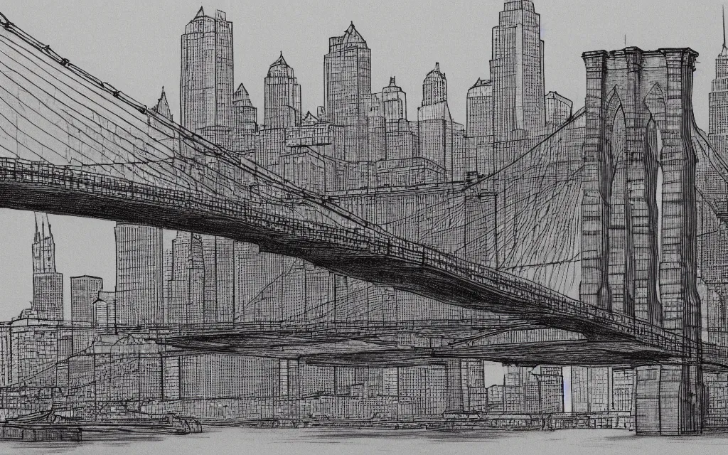 Prompt: brooklyn bridge blueprints drawn by davinci