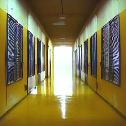 Image similar to an empty yellow hallway, liminal space, vhs recording