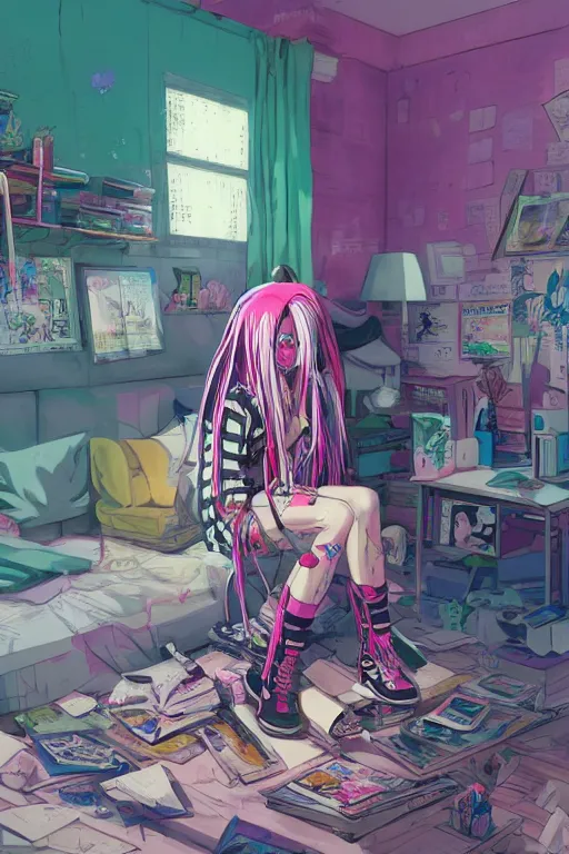 Prompt: concept art painting of an anime cybergoth girl with pink dreads on the floor reading a book in a cluttered 9 0 s bedroom, artgerm, inio asano, toon shading, cel shading, calm, tranquil, vaporwave colors, rendered by substance designer,