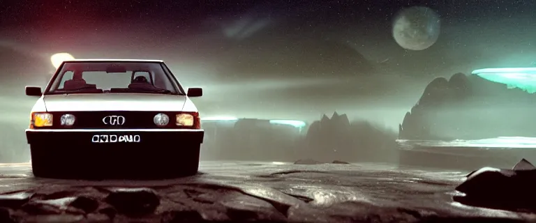 Prompt: Audi 80 B3 Avant (1988) floating in the void facing Kraken, a eerie horror sci-fi, star citizen, hopeless, dramatic lighting, cinematic, off-world, space, zero gravity, eldritch horror creatures floating through space, lack of ground, dark, establishing shot, extremely high detail, photorealistic, cinematic lighting, artstation, by simon stalenhag