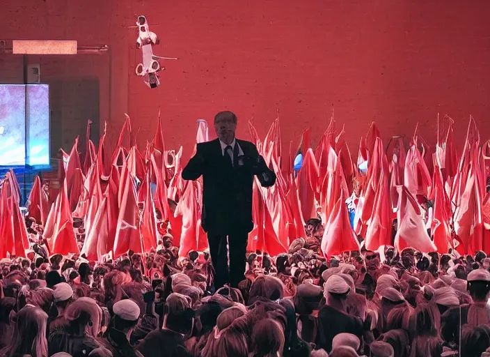 Image similar to dystopian art, humanoid robot dictator giving a propaganda speech to human like robots surround by two large red flags with robot heads on them