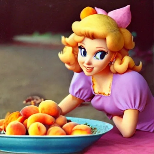 Image similar to princess peach eating a pile of peaches