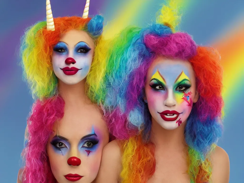 Image similar to a unicorn wearing clown makeup on American Idol