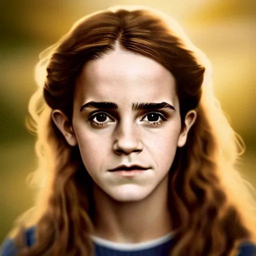 Image similar to beautiful hyperdetailed photograph of hermione granger portrrayed by emma watson, golden hour, soft focus, medium shot, 8 k, portra 4 0 0