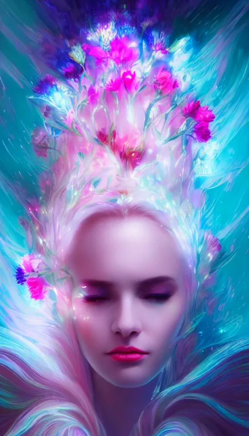 Prompt: a colorful and vibrant majestic white queen drops a tearwith flowers on her hair, open wide eyes, glowing light orbs, intricate concept art, elegant, digital painting, smooth, sharp focus, ethereal opalescent mist, outrun, vaporware, cyberpunk darksynth, ethereal, ominous, misty, 8 k, by charlie bowater, 8 k, rendered in octane