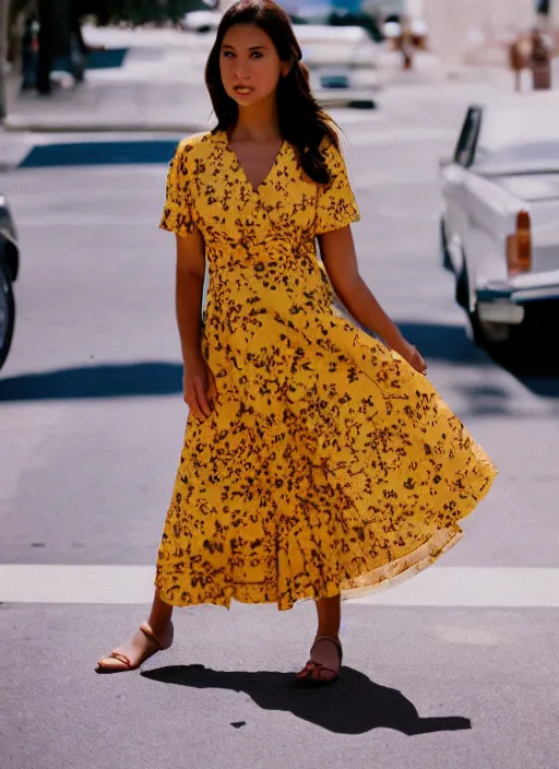 Image similar to portrait of a beautiful brown hair woman in a yellow sun dress in downtown Los Angelas, 50mm lens, Kodak Portra 400 film