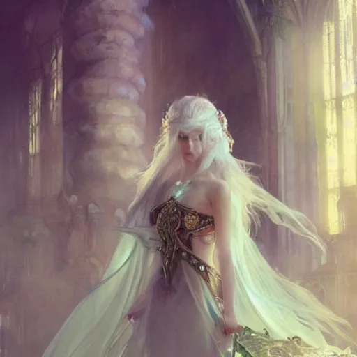 Image similar to a beatiful white haired princess, adorned with precious stone jewelry, intricate concept art, ethereal, ominous, dramatic lighting, Ruan Jia and Jeremy Mann and Alphonse Mucha