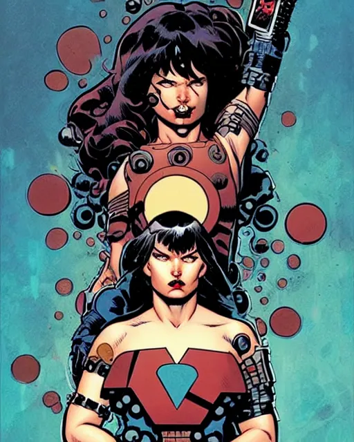 Image similar to mike mignola and sandra chevrier comic cover art, full body cute young lady, symmetrical eyes, bangs, rim lighting, vivid colors