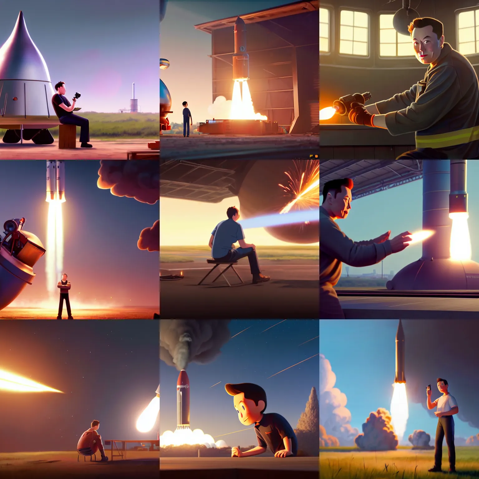 Prompt: a wholesome animation key shot of elon musk building a steel rocket in texas, medium shot, studio ghibli, pixar and disney animation, sharp, rendered in unreal engine 5, anime key art by greg rutkowski, bloom, dramatic lighting