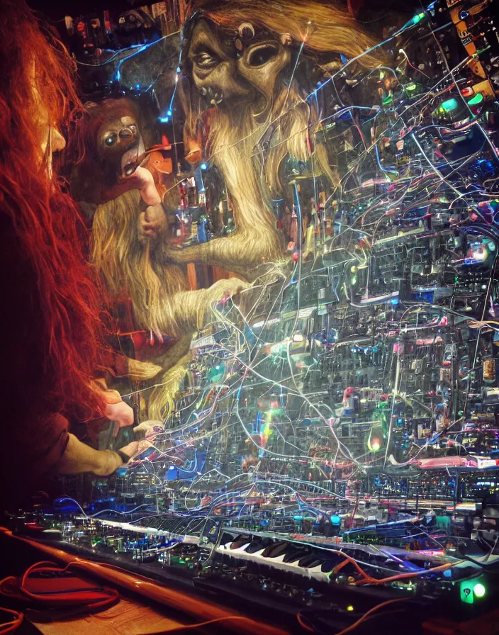 Prompt: chiaroscuro air brush fantasy hyper realistic photograph of a majestic goblin king patching a Buchla 200e modular synthesizer powered by tesla coils