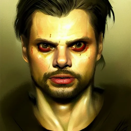 Image similar to flan pudding face sebastian stan as a sentient flan pudding, sebastian stan flan face face spliced with ( ( wibbly wobbly flan pudding facd ) ) ) hybrid humanoid by greg rutkowski