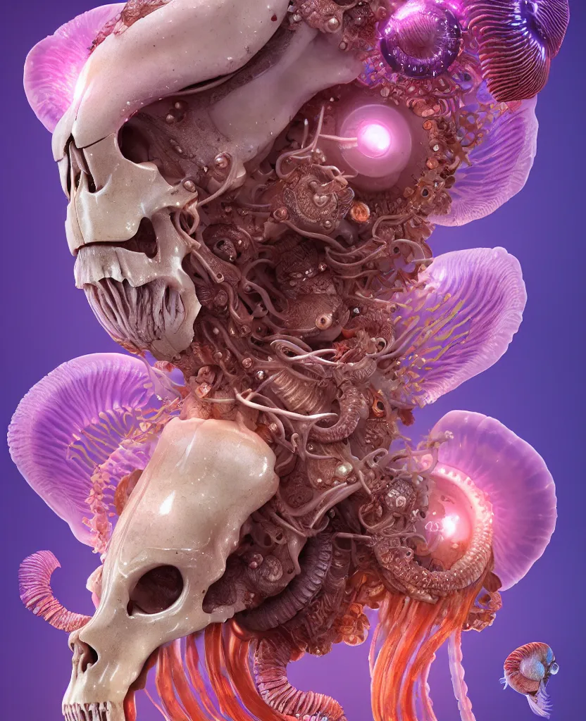 Image similar to goddess close-up portrait ram skull. jellyfish phoenix head, nautilus, orchid, ram skull, betta fish, bioluminiscent creatures, intricate artwork by Tooth Wu and wlop and beeple. octane render, trending on artstation, greg rutkowski very coherent symmetrical artwork. cinematic, hyper realism, high detail, octane render, 8k