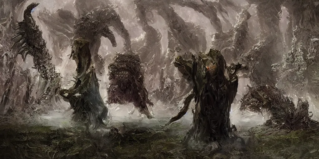 Image similar to portrait of necromancer priest in an invoking ritual in front of a giant cthulhu in a large landscape, intricate, elegant, glowing lights, highly detailed, digital painting, concept art, smooth, sharp focus, illustration, wide - angle portrait, atmospheric lighting, rich deep colors masterpiece, fractal crystals