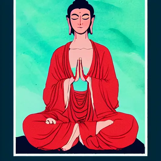 Prompt: contented female bodhisattva, praying meditating, portrait by Conrad Roset
