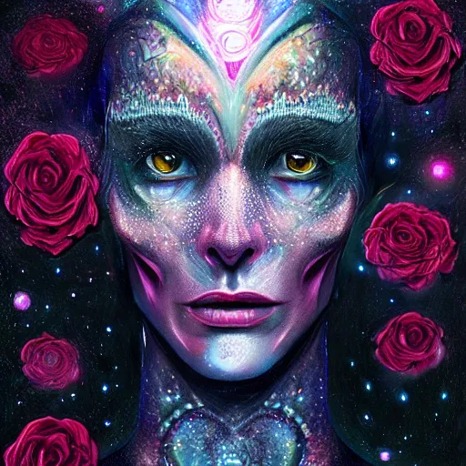 Image similar to Very very very very highly detailed mystic, enigmatic, strange portrait with galaxy, roses, shark's teeth, intricate, extremely detailed, digital painting, artstation, concept art, smooth, sharp focus, illustration, intimidating lighting, incredible art,