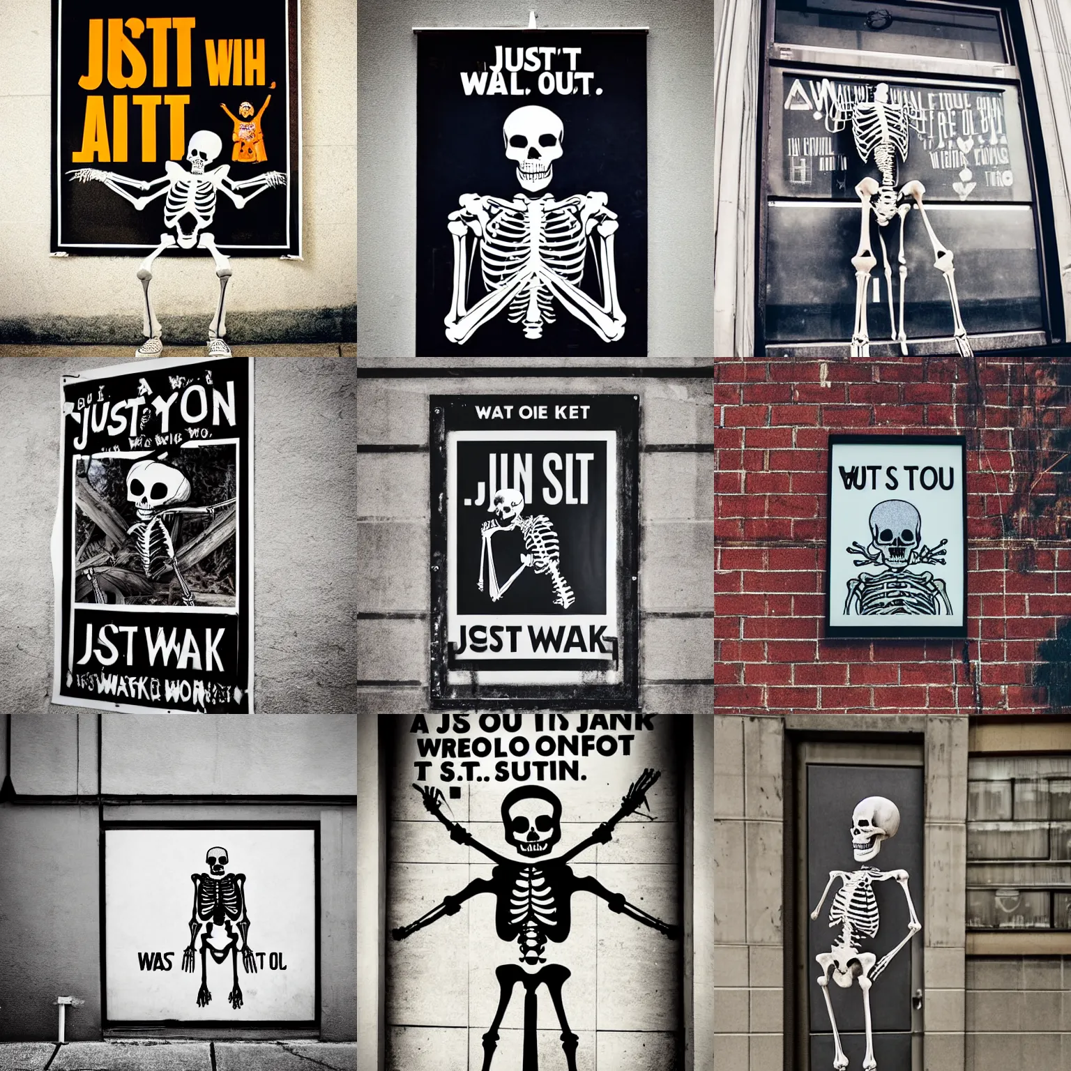 Prompt: a picture with a skeleton on it that says just walk out, a poster by Dan Content, unsplash, stuckism, y2k aesthetic, stock photo, inspirational