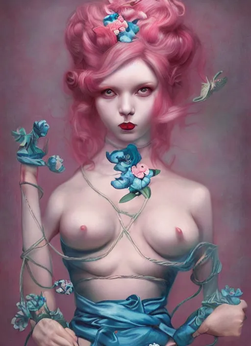 Image similar to pop surrealism, lowbrow art, realistic seductive cute woman painting, pink body harness, japanese shibari with blue flowers, hyper realism, muted colours, rococo, natalie shau, loreta lux, tom bagshaw, mark ryden, trevor brown style,