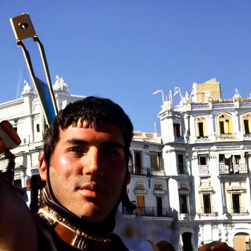 Image similar to a roman legionnaire taking a selfie in plaza cibeles, madrid