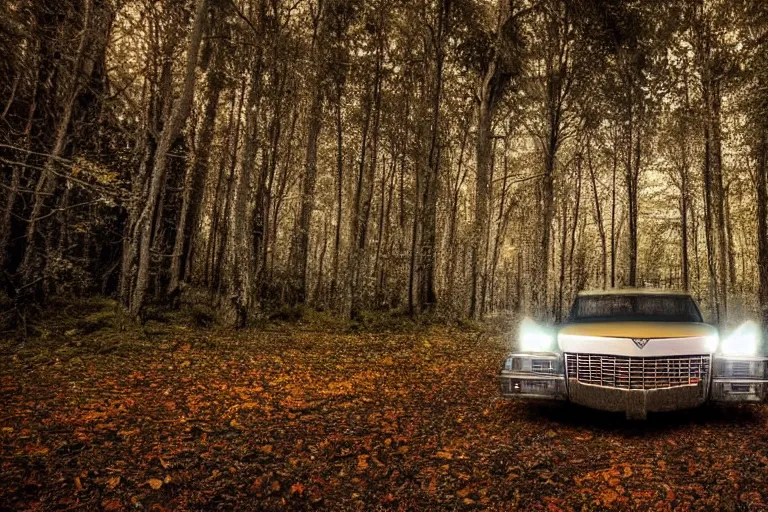 Image similar to a beautiful award - winning photo of a upsidedown, old cadillac, upsidedown in a dark forest, mushrooms, in a dark forest low light, by dimitri mellos