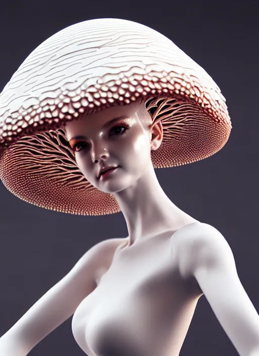 Prompt: intricate hyper detailed ultra sharp focus front shot 3 d render of a beautiful porcelain ivory woman, sharp focus, close - up, f 2. 8 1 5 0 mm natural light, elegant bionic haute couture cyberpunk mechanical red fractal mushroom corals, white mycelum and fungi head ornaments, alexandre ferra, octane render, volumetric cinematic lighting, 8 k,