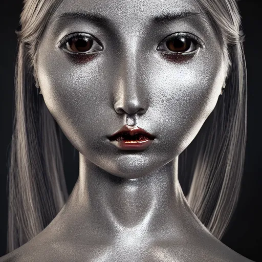 Image similar to beautiful ball jointed doll head, long shiny hair, intricate detailed, sharp focus, octane render, high quality, Symmetrical composition, 8k, volumetric lighting, on black background