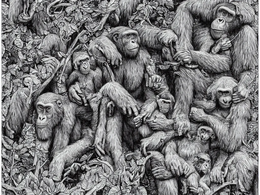 Image similar to bored ape club monkeies by Chor Boogie, intricate details, ultra detailed, 4K, award-winning, touch of M. C. Escher and Salvador Dali