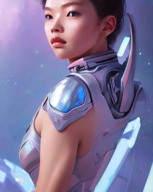 Image similar to portrait of Lalisa Manobal as futuristic airforce, inside future fighter, sci-fi, fantasy, intricate, very feminine, elegant, human anatomy, royal pink and blue light, highly detailed, digital painting, artstation, concept art, smooth, sharp focus, illustration, art by tian zi and WLOP and alphonse mucha, masterpiece, fix this image