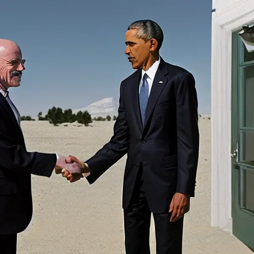 Prompt: walter white shaking hands with obama