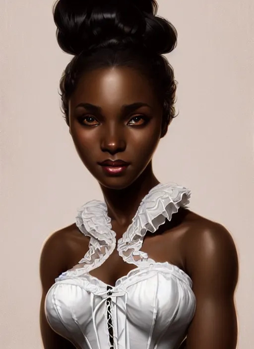 Image similar to cute black woman wearing a white corset dress, fantasy, intricate, highly detailed, digital painting, artstation, concept art, wallpaper, smooth, sharp focus, illustration, art by artgerm and greg rutkowski and alphonse mucha