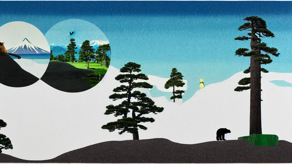 Prompt: seaside landscape with sequoia trees and a bear, japan, a collage painting, in the style of wes anderson, lola dupre, david hockney, isolated on negative white space background dark monochrome neon spraypaint accents volumetric octane render