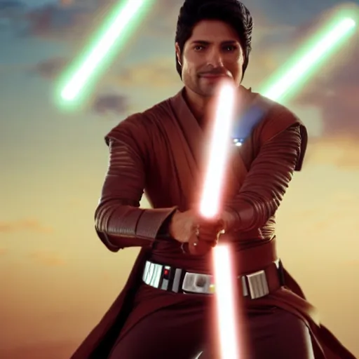 Image similar to Chayanne the singer as a jedi in star wars, holding a lightsabre. splash art, cinematic lighting, dramatic, octane render, long lens, shallow depth of field, bokeh, anamorphic lens flare, 8k, hyper detailed, 35mm film grain