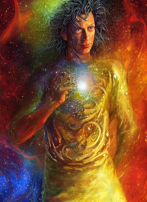 Image similar to high intricate digital paint of the sandman holding a glimmering galaxy, full shot, neil gaiman, maria panfilova, andrea savchenko, mike kime, ludovic plouffe, qi sheng luo, oliver cook, julian calle, eddie mendoza, trending on artstation