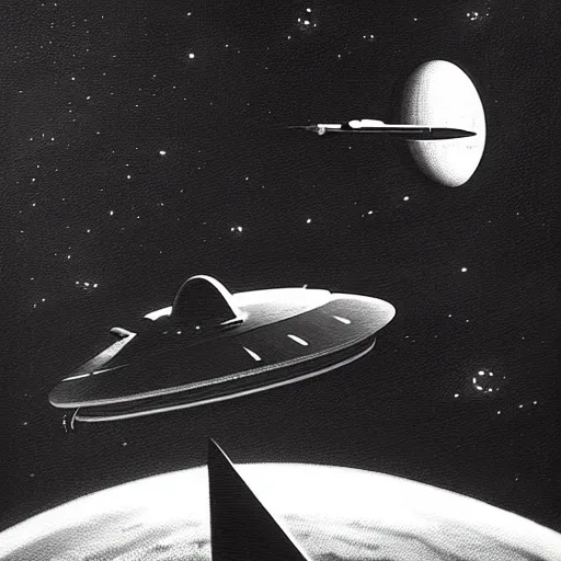 Prompt: a black and white dean ellis style spaceship, 1 9 7 0 s sci - fi pilot, oil on canvas painting, smooth, sharp focus, vibrant volumetric natural light in style of josan gonzalez and mike winkelmann and andgreg rutkowski and alphonse muchaand and caspar david friedrich and stephen hickman and james gurney and hiromasa ogura..