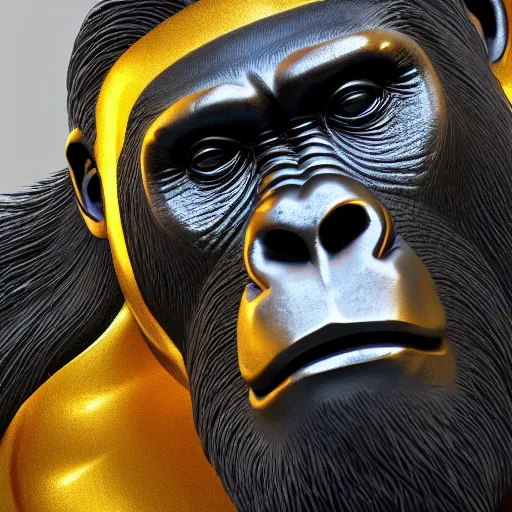 Image similar to portrait of gorilla gold statue reflect chrome, 8 k uhd, unreal engine, octane render in the artstyle of finnian macmanus, john park and greg rutkowski