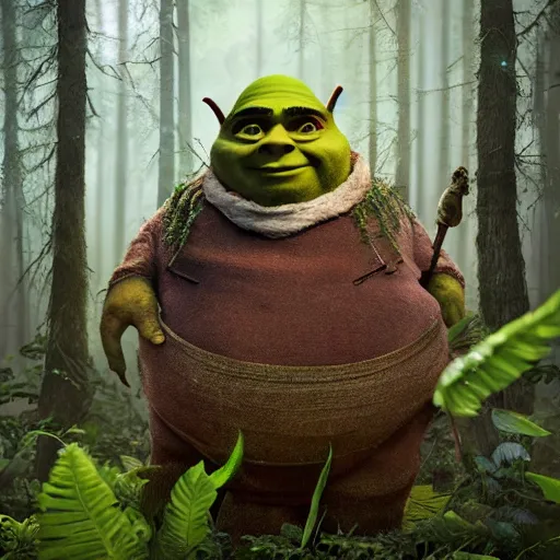 Image similar to Very very very very highly detailed epic central composition photo of Mr Bean as shrek face in the forest, intricate, extremely detailed, digital painting, smooth, sharp focus, illustration, happy lighting, incredible art by Brooke Shaden, artstation, concept art, Octane render in Maya and Houdini