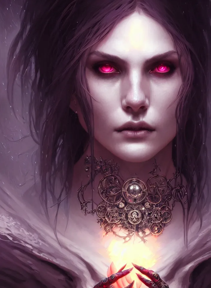 Prompt: Necromancer Sorceress face close-up in center, fantasy magic, undercut hairstyle, dark light night, intricate, elegant, sharp focus, illustration, highly detailed, digital painting, concept art, matte, art by WLOP and Artgerm and Greg Rutkowski and Alphonse Mucha, masterpiece