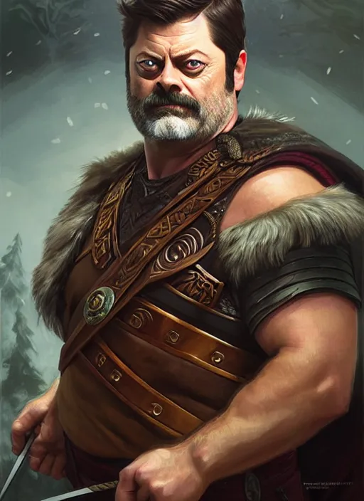 Image similar to portrait of nick offerman as odin, d & d, muscular, eyepatch! fantasy, intricate, elegant, highly detailed, digital painting, artstation, concept art, smooth, sharp focus, illustration, art by artgerm and greg rutkowski and alphonse mucha