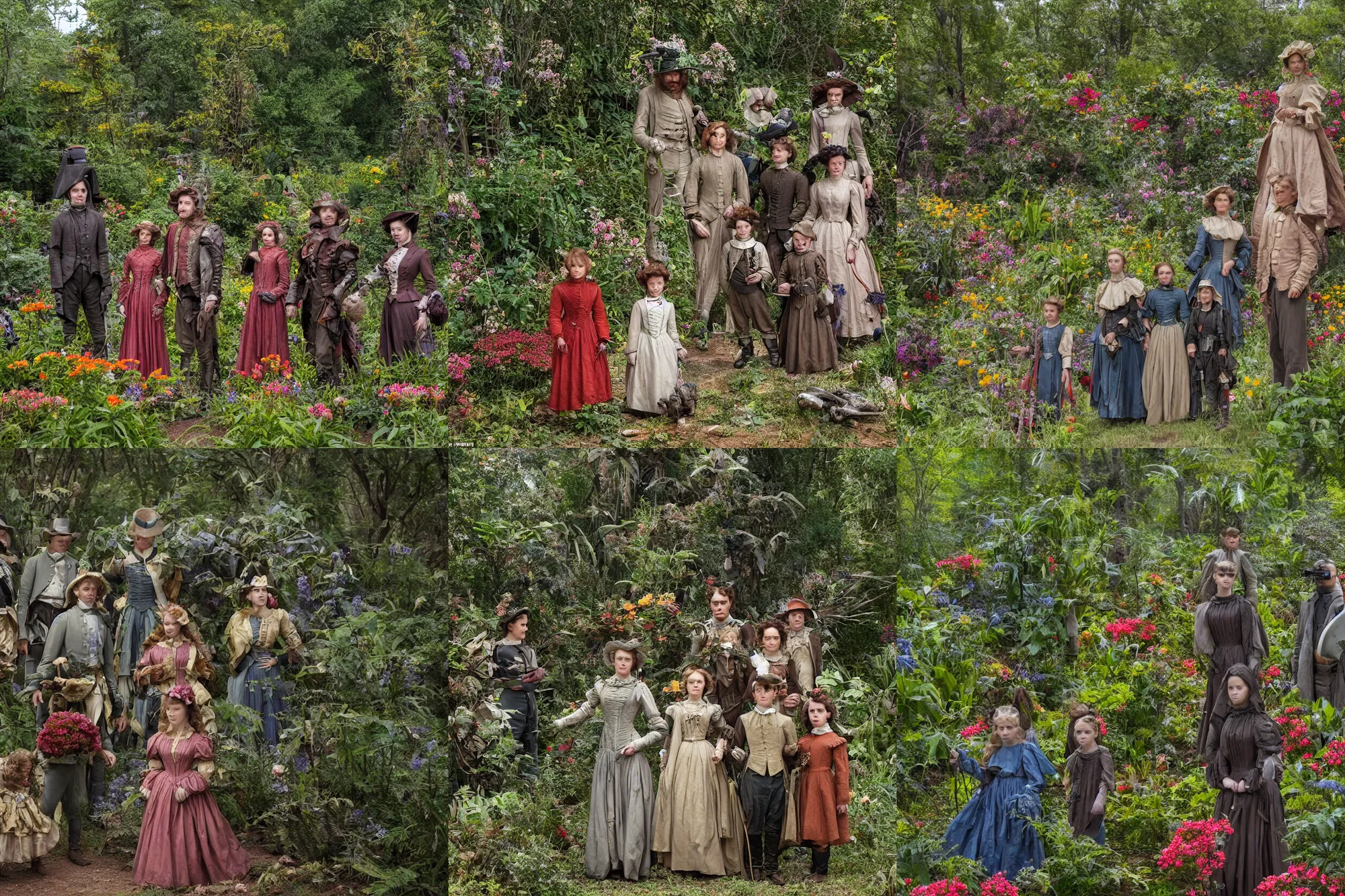 Prompt: sharp, highly detailed, 43456k film, 165800mm film still from a sci fi blockbuster color movie made in 2019, set in 1860, of a family standing in a park, next to some strange alien plants and flowers, on an alien planet, the family are all wearing 1860s era clothes, good lighting, ultra high definition, ultra enhanced faces, in focus, 35mm macro lens