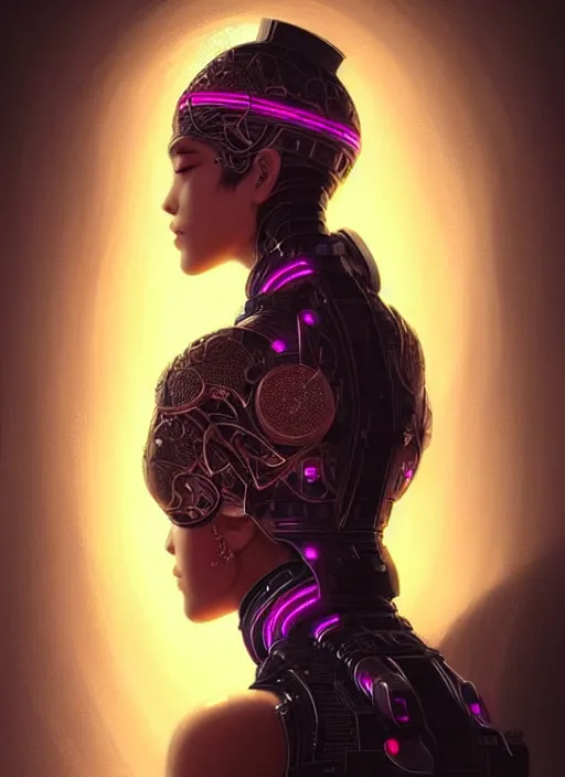 Prompt: portrait of oriental female humanoid, very intricate details, elegant, cyber neon lights, highly detailed, digital illustration, trending in artstation, trending in pinterest, glamor pose, concept art, smooth, sharp focus, art by artgerm and greg rutkowski