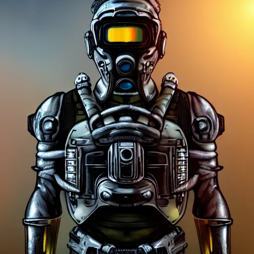 Prompt: a award winning action upper body portrait of nuke zombie with a mullet and breathing mask while wearing futuristic bodyarmor and pauldrons, outrun, vaporware, highly detailed, fine detail, intricate