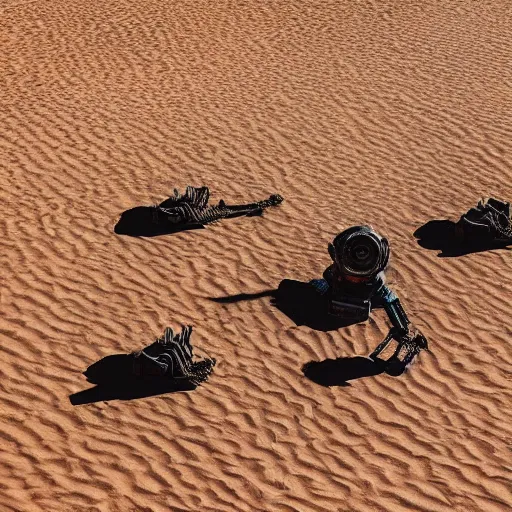 Prompt: 🐋 🤖🦖🐙 👽 🐳 in desert, photography