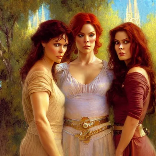 Image similar to the charmed ones tv show, prue, piper, phoebe. highly detailed painting by gaston bussiere, craig mullins, j. c. leyendecker, 8 k