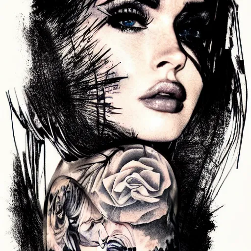 Image similar to tattoo design sketch with double exposure effect, megan fox face faded with beautiful mountain scenery, in the style of matteo pasqualin, amazing detail