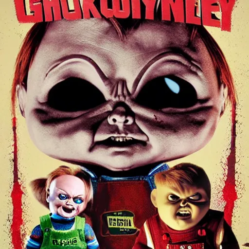 Image similar to Chucky the killer doll versus The Goonies movie poster