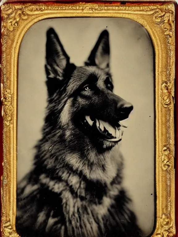 Image similar to professional studio photo portrait of anthro anthropomorphic german shepard head animal person fursona smug smiling wearing elaborate pompous royal king robes clothes degraded medium by Louis Daguerre daguerreotype tintype